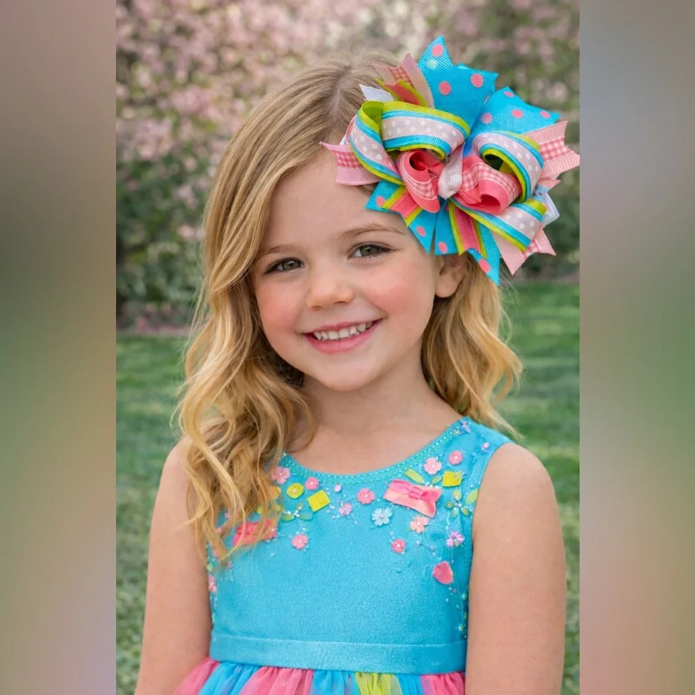Unique One of a Kind Handcrafted Girls Hair Bow Pink Blue Gingham‎ Dots French